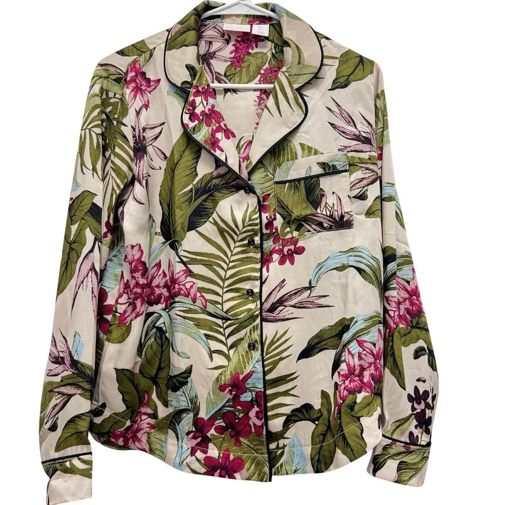 Tommy Bahama Pajama Top S Beige Floral Tropical Satin‎ Button Up Long Sleeve
